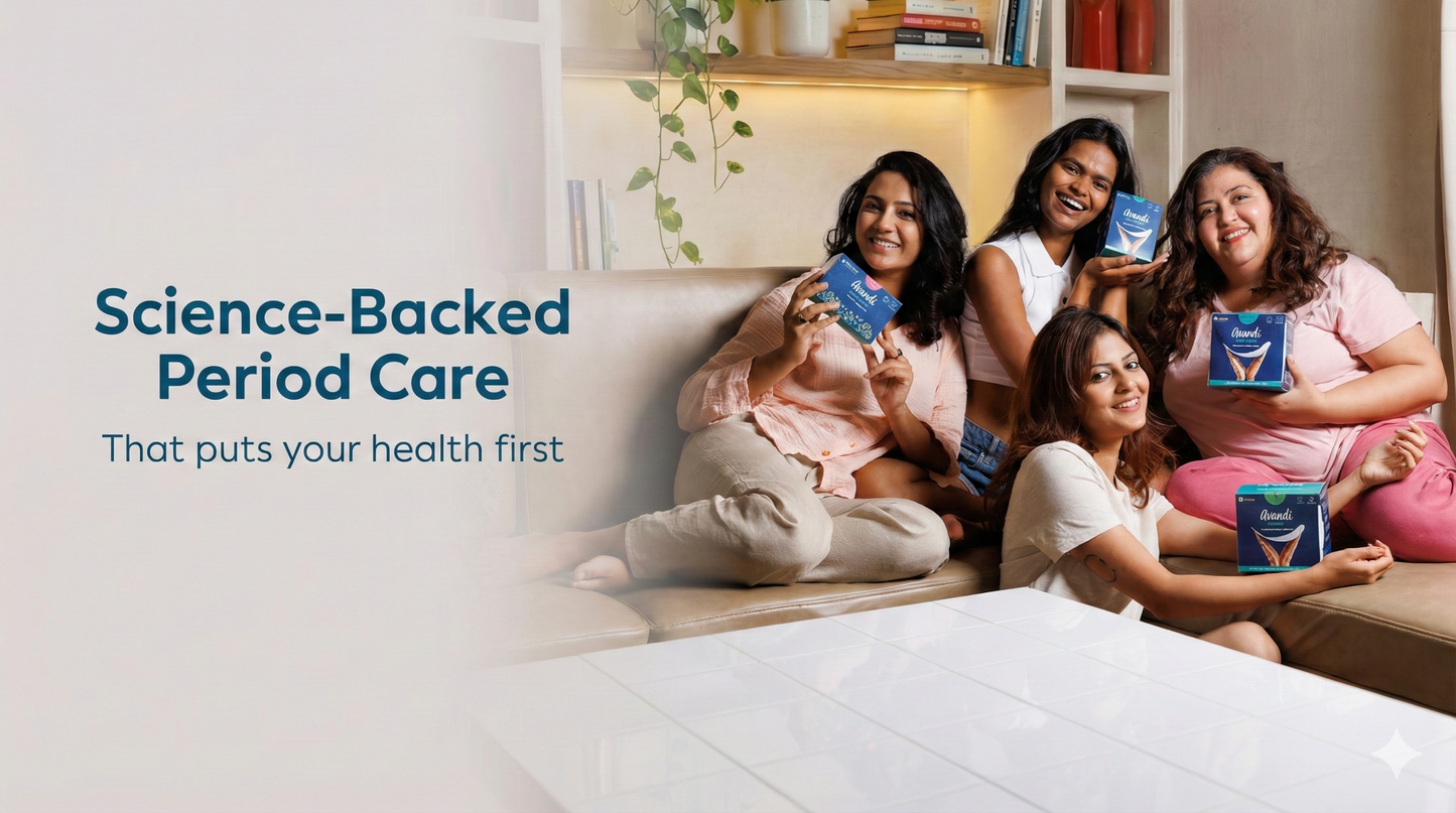 Four women sitting on a couch holding period products with text about science-backed period care.